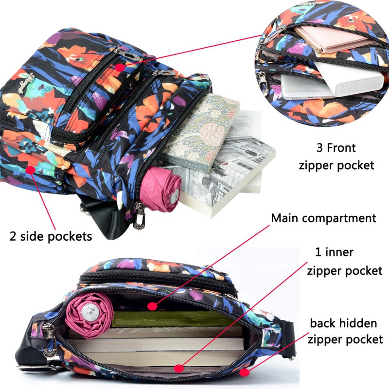 Nawoshow Nylon Floral Multi-Pocket Crossbody Purse Bags for Women Travel Shoulder Bag (Colorful) - Image 5
